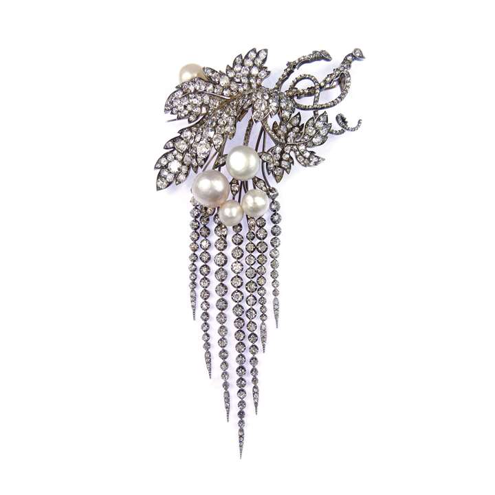 19th century pearl and diamond vineleaf and tassel pendant brooch, probably Italian, formerly House of Savoy